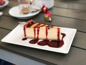 High angle view of cake in plate on table