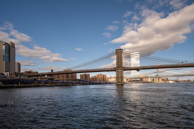 Suspension bridge over river in city against sky