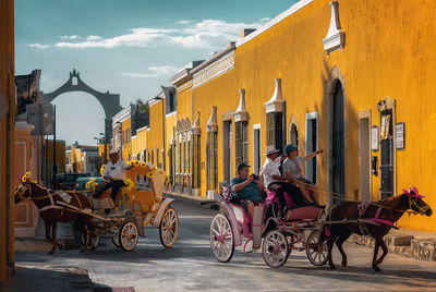 Bicycles parked on street in city