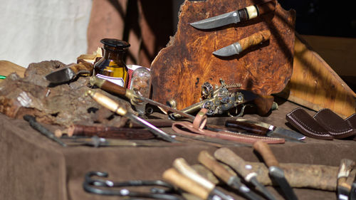 Close-up of tools on table