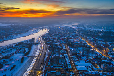 High angle view of city buildings during winter