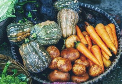 High angle view of vegetables for sale in market