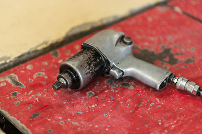 High angle view of red objects on table