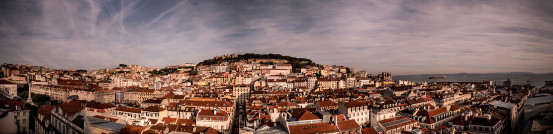 High angle view of buildings against cloudy sky