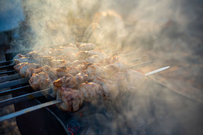 Close-up of meat on barbecue grill