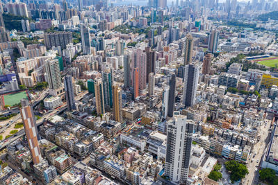 High angle view of modern buildings in city