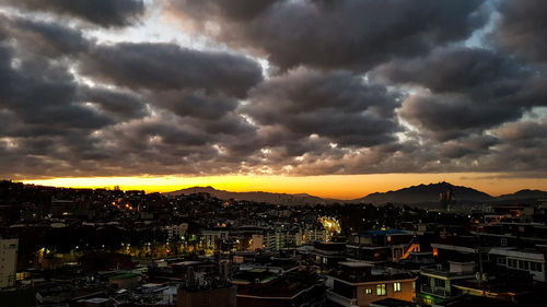 High angle view of townscape against sky at sunset