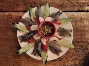 High angle view of food in plate on table