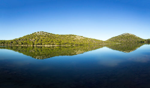 Scenic view of lake against clear blue sky