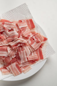 High angle view of chopped in plate on table