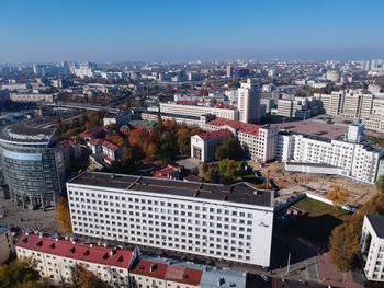 High angle view of buildings against sky in city