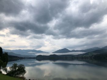 Scenic view of lake and mountains against sky