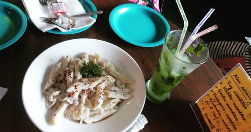 Close-up of food served on table