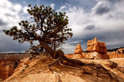 Rock formations on landscape against cloudy sky