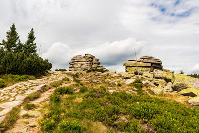 View of rock formations on landscape against sky