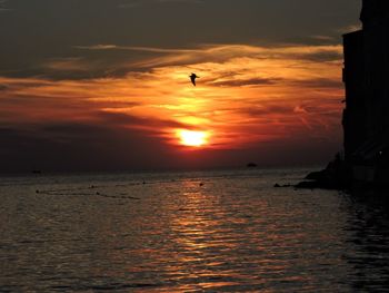 Scenic view of sea against orange sky