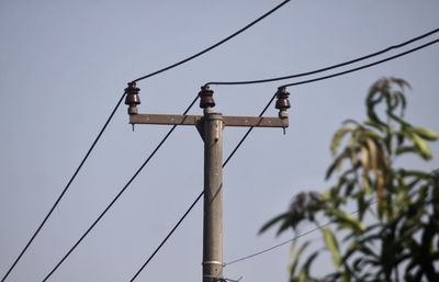 Low angle view of bird perching on cable against sky