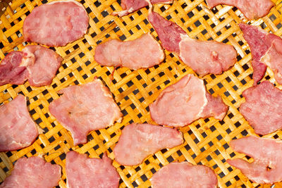 High angle view of sliced pork