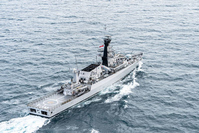 High angle view of ship sailing in sea