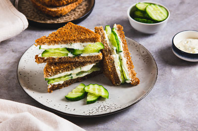 High angle view of food in plate on table