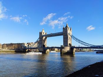 View of bridge over river against blue sky