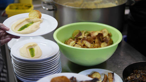 Close-up of food served on table