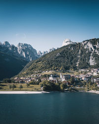 Scenic view of river by buildings against clear sky