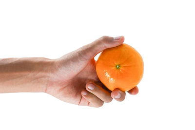 Close-up of hand holding orange against white background