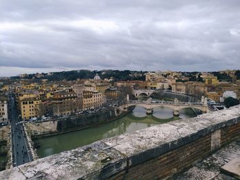 High angle view of buildings and river against sky