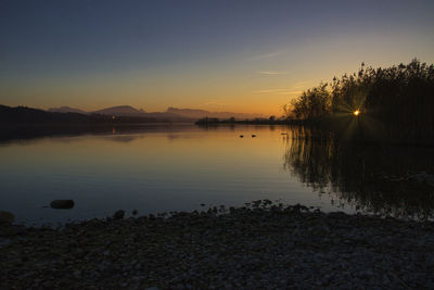 Scenic view of lake against sky during sunset