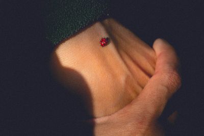 Close-up of human hand against black background