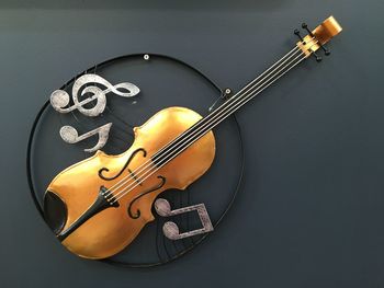 High angle view of guitar on table