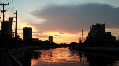 Buildings in city at sunset