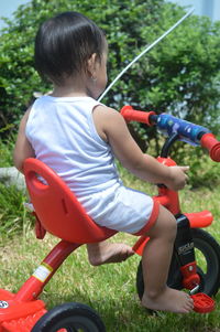 Rear view of boy riding girl playing on plants