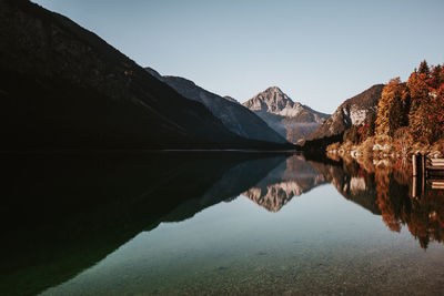 Scenic view of lake and mountains against clear sky