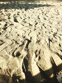 High angle view of footprints on sand at beach