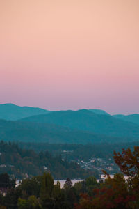 Scenic view of mountains against sky at sunset