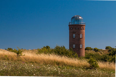 Lighthouse on field against clear blue sky