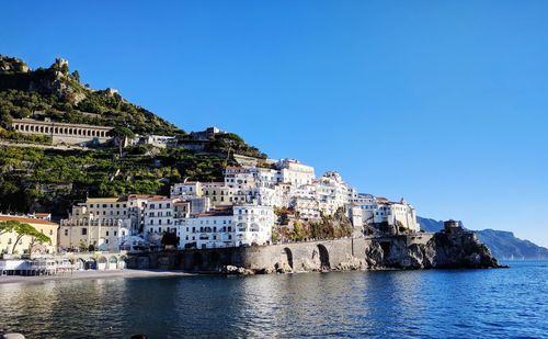 Low angle view of sea against clear blue sky