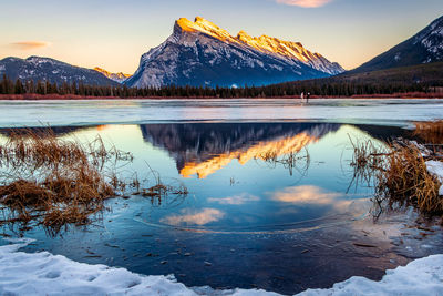 Scenic view of lake by snowcapped mountains against sky during sunset