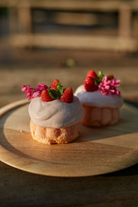 Close-up of cake served on table