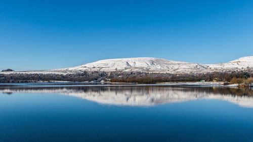 Scenic view of lake and snowcapped mountains against clear blue sky