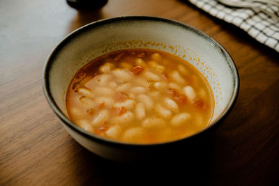 High angle view of soup in bowl on table