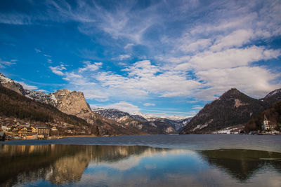 Scenic view of lake by mountains against sky