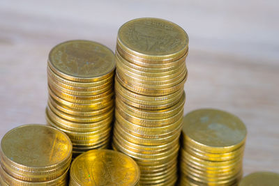High angle view of coins