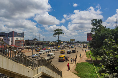 High angle view of buildings in city against sky