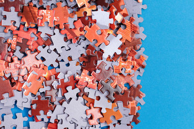 High angle view of toys on blue background