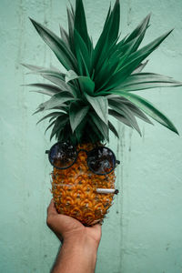 Midsection of person holding fruit against wall