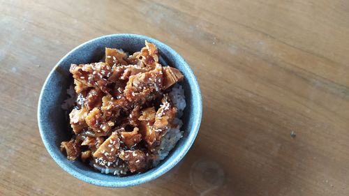 High angle view of breakfast in bowl on table