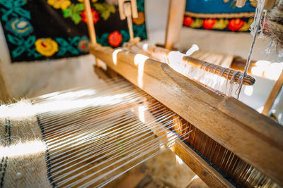 High angle view of wooden weaving loom